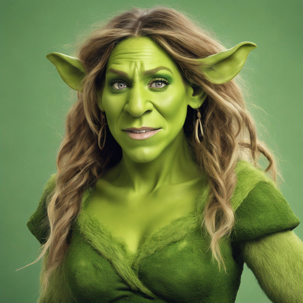 Portrait of a person with green skin, pointed ears, long hair, and wearing a V-neck top, resembling Shrek&#x27;s Fiona