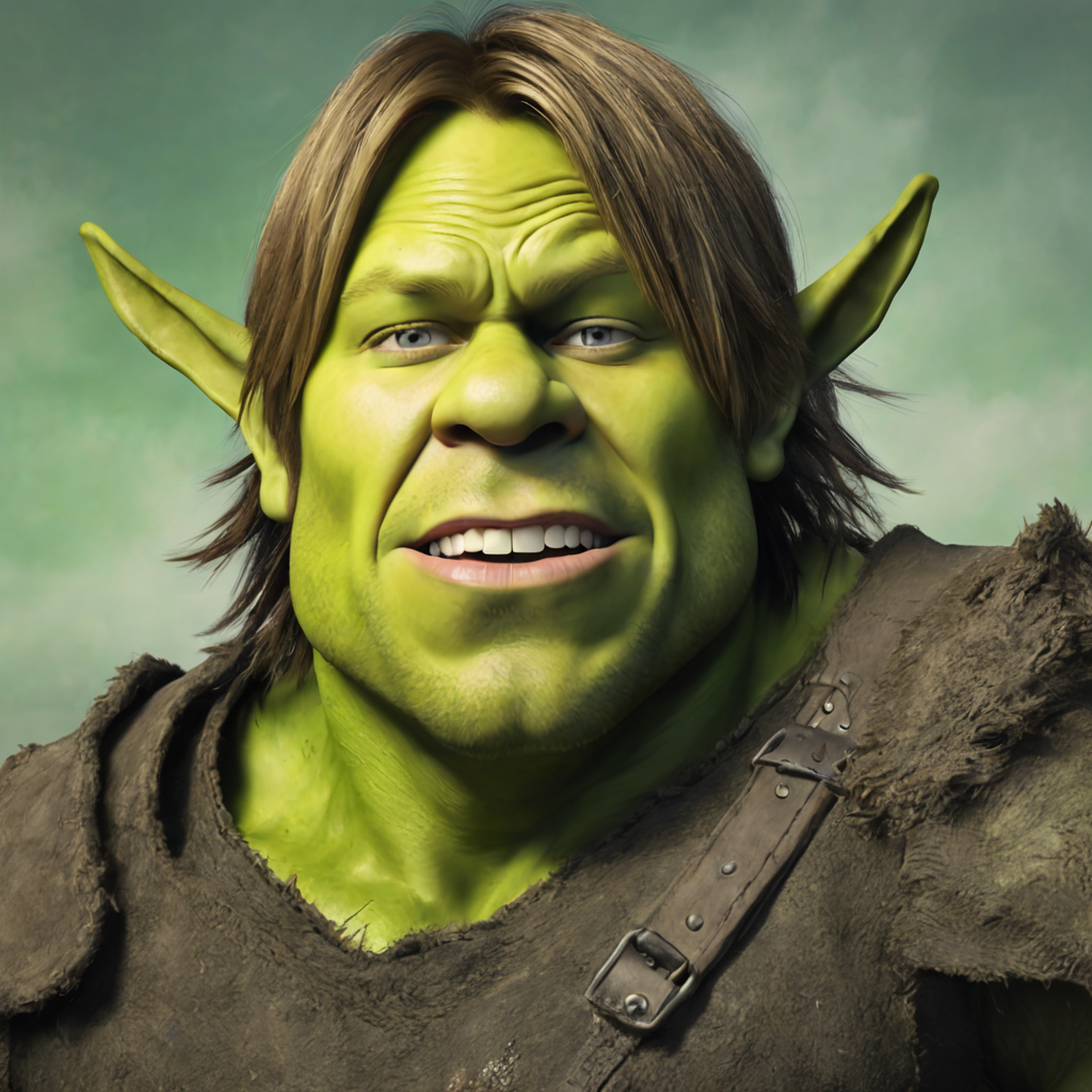 Animated character Shrek with a smiling expression, wearing a medieval tunic
