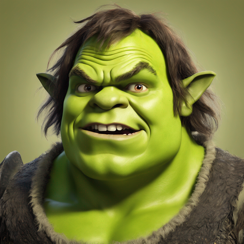 Shrek, animated character, sporting a smirk and wearing a typical brown vest and white shirt