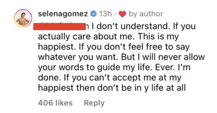 Selena Gomez responds to a comment, expressing her determination to not let others&#x27; words control her life and happiness