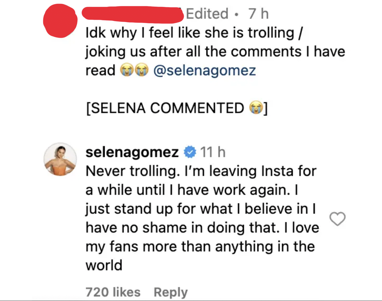 Social media screenshot: Two comments; top user expresses confusion about Selena Gomez&#x27;s post. Selena replies, never trolling, leaving Instagram, standing up for what she believes in
