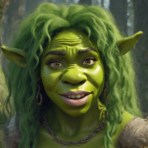 Animated character resembling Fiona from Shrek smiling, with long green hair and ogre ears