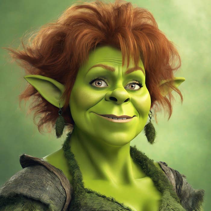Animated quality  resembling Fiona from Shrek, smiling with updo hairstyle