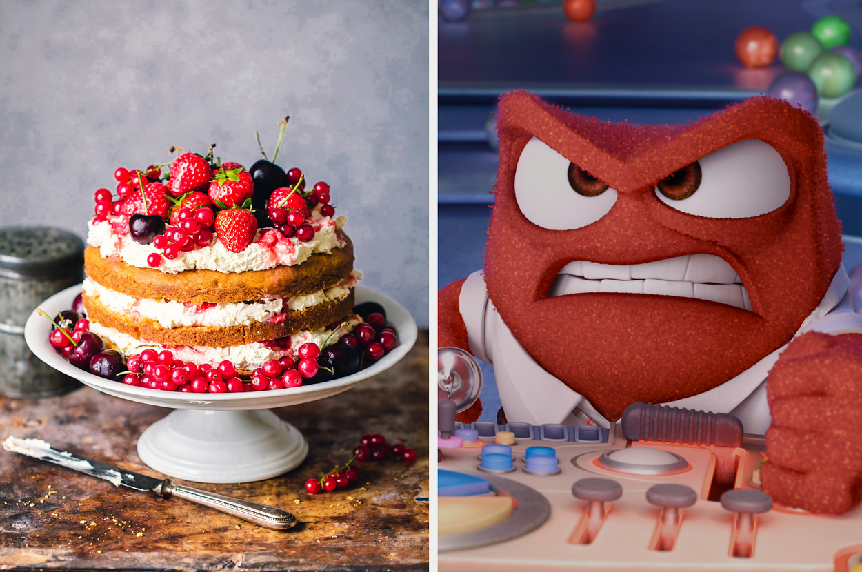 Left: Layered cake with mixed berries on a stand. Right: Anger from Inside Out near control board