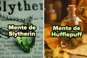 Botella con etiqueta "Mente de Slytherin" y otra con "Mente de Hufflepuff" inspiradas en Harry Potter