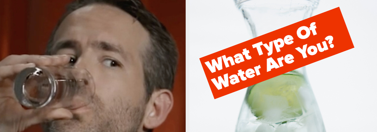 Man in suit drinking water; adjacent image of cucumber slices in water with text "What Type Of Water Are You?"