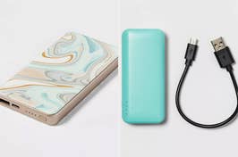 Two portable power banks with different designs; one with a marbled pattern, the other solid teal with a cable