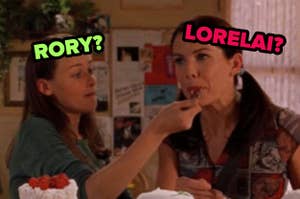 TV show characters Rory and Lorelai in a scene, looking surprised with their names in text bubbles