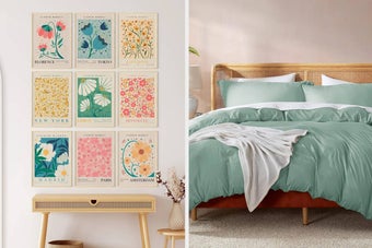 Split image: Left-side features framed travel posters; Right-side shows a modern styled bedroom with a duvet cover