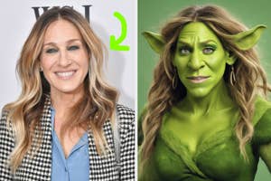Sarah Jessica Parker in checkered outfit; Parker transformed as an ogre character, with green makeup and prosthetic ears