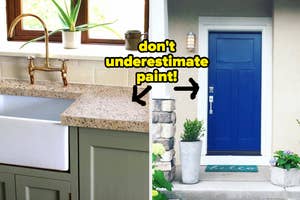 photo of countertop with granite look after using paint kit / reviewer's front door painted blue