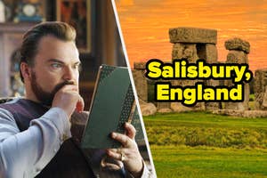 Jack Black reading a book in a movie and Stonehenge with the text over top of it saying, "Salisbury, England."