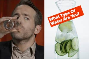 Man in suit drinking water; adjacent image of cucumber slices in water with text "What Type Of Water Are You?"