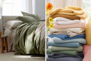 on left: bed with green and off-white linen sheets, on right: folded linen sheets in different colors