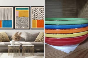 Stack of assorted colorful ceramic bowls and abstract art