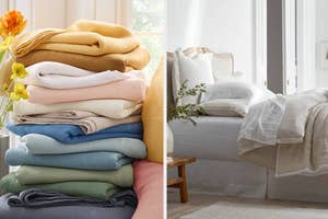on left: folded linen sheets in different colors; on right: off-white linen sheets on bed