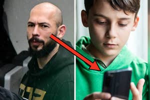 Two side-by-side photos: On the left, a bald man gazes out a window; on the right, a boy in a green hoodie looks at a smartphone screen