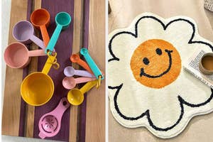 measuring cups and daisy shaped rug