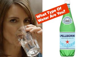 Quiz graphic titled "What Type Of Water Are You?" with an image of a woman drinking water and a bottle of San Pellegrino