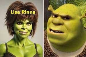 Side-by-side comparison of Lisa Rinna edited to look like the character Shrek