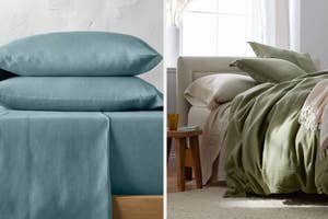 on left: blue linen sheets and pillowcases, on right: green and off-white linen sheets on bed
