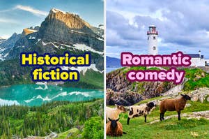 Left: Mountain landscape with the text "Historical fiction." Right: Lighthouse scene with sheep, text "Romantic comedy."