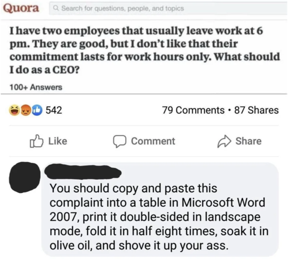 The image shows a screenshot of a social media post with a question about CEO work hours, and a humorous sarcastic response