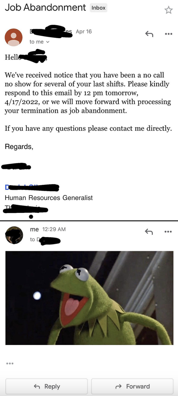 Kermit the Frog meme used in an email discussing job termination due to no-shows