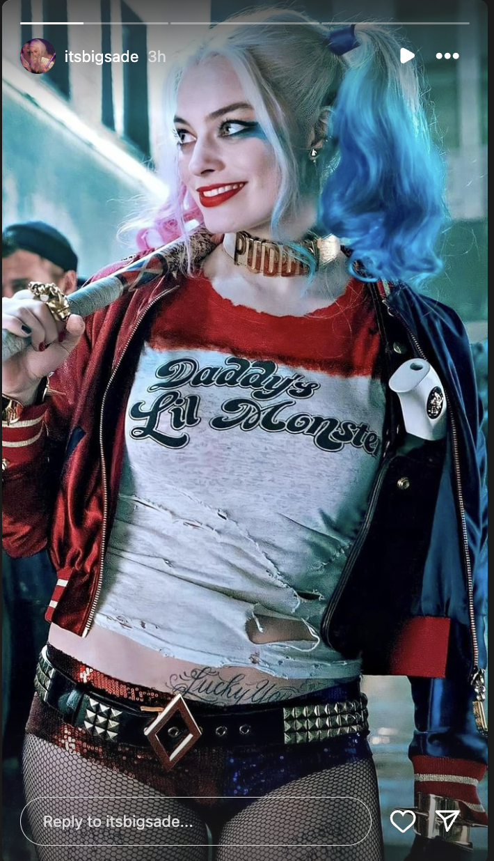 Harley Quinn from &quot;Suicide Squad&quot; in a costume with &quot;Daddy&#x27;s Lil Monster&quot; shirt, jacket, and accessories