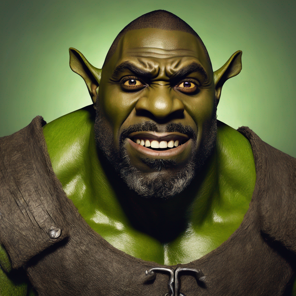 Shrek with a realistic human face, wearing his usual brown vest