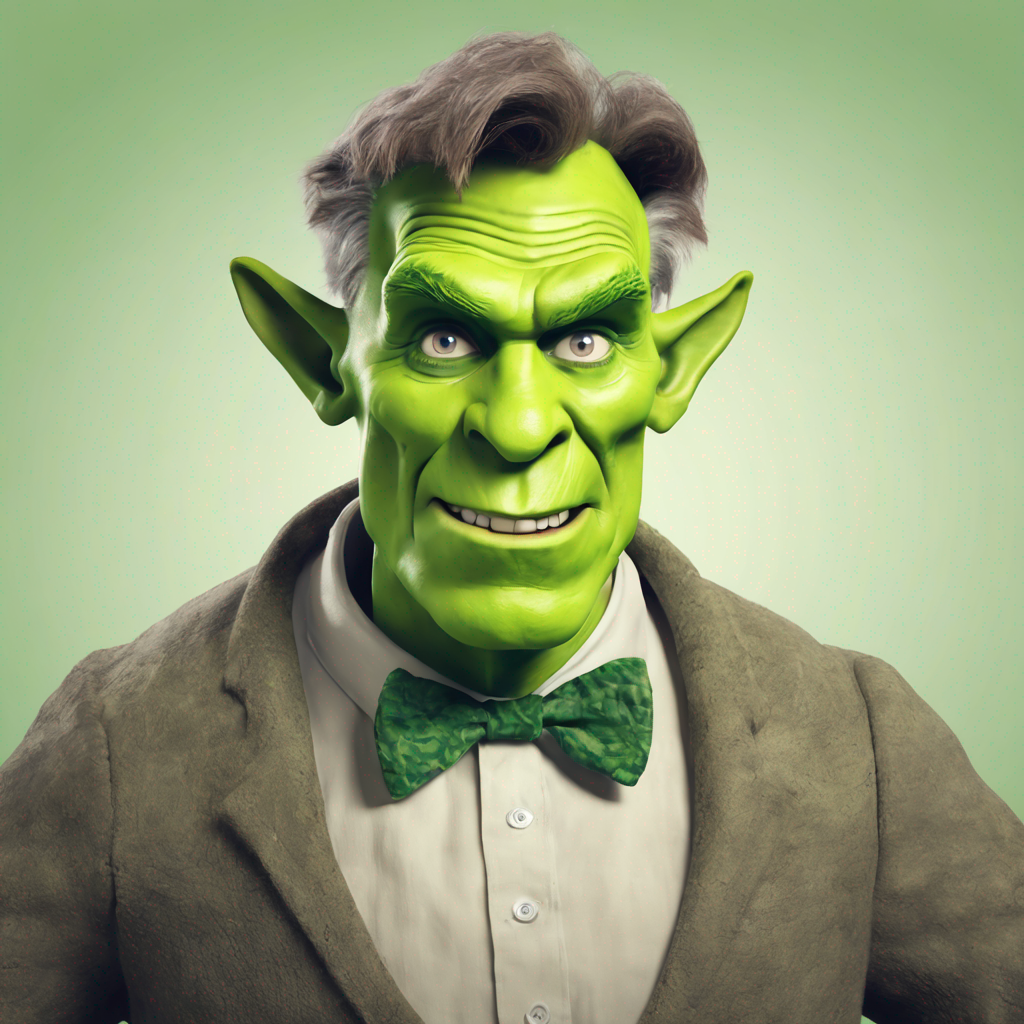 Illustration of Shrek with a human-like appearance wearing a suit and bow tie