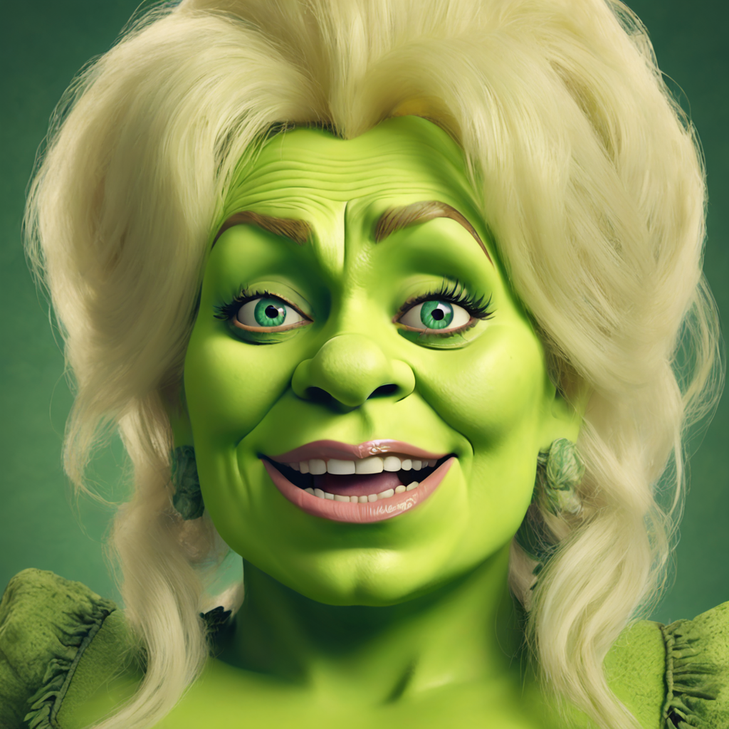 Illustration of Shrek-themed Dolly Parton with blonde hair and green skin