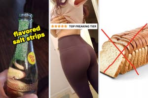 Three separate images: a bottle labeled "flavored salt strips," a person in a pink top and brown leggings with star ratings, sliced bread with a red cross