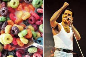 Bowl of colorful cereal with milk, spoon inserted. Performer in white tank top singing into microphone onstage