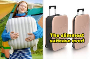 Person holding a ribbed suitcase next to an advertisement showing the same slim suitcase