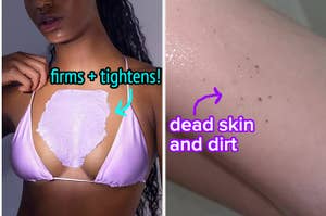boob cream on model chest and dead skin and dirt that comes from skin