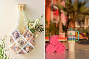 Handmade crochet bag on a wall hook beside a flower, and patterned Stanley cup next to pink towels