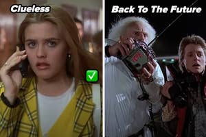 Scene from 'Clueless' showing character on phone, and 'Back To The Future' with characters holding device