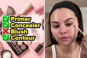 Selena Gomez applies makeup, checklist of primer, concealer, blush, and contour overlaid on makeup