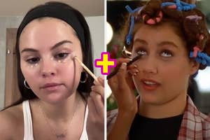 Split image: Left side shows Selena Gomez applying conclearer, right side "Clueless" makeover scene with eyeliner.