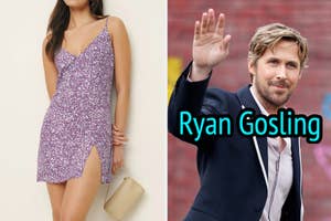 On the left, someone wearing a floral mini dress, and on the right, Ryan Gosling waving