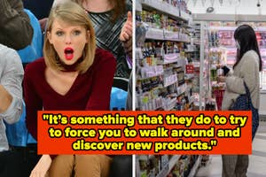 Photo collage: left, Taylor Swift in shocked expression at event; right, person shopping in supermarket aisle. Text about store layout strategies