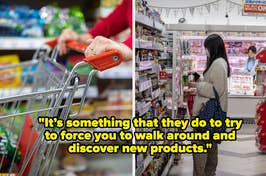 Two people shopping, one reading a label, with a quote about store layouts and product discovery
