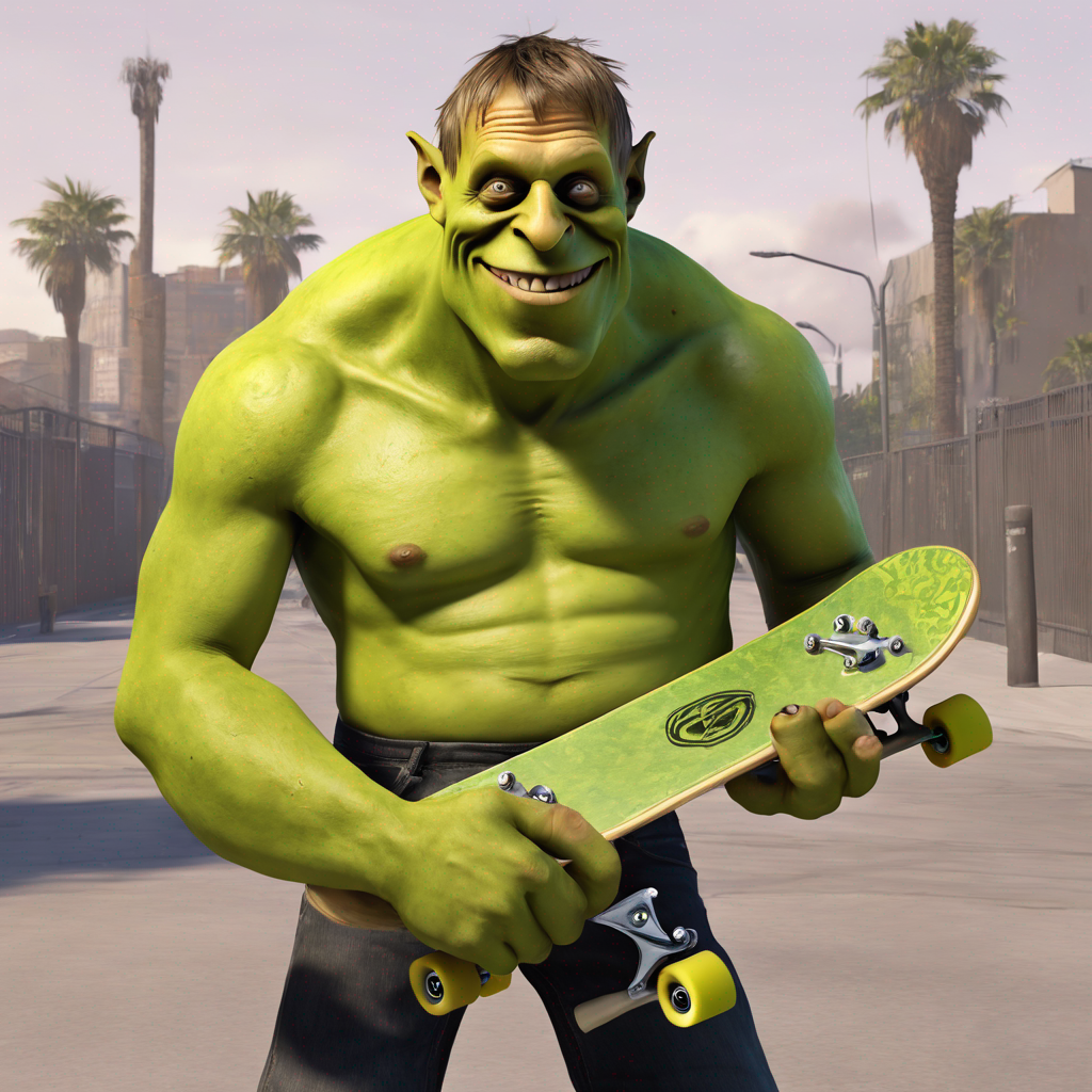 Shrek holding a skateboard, smiling, with palm trees in the background