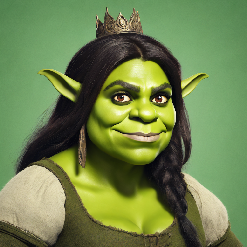 Animated character Fiona from Shrek with a crown, braided hair, against a green background