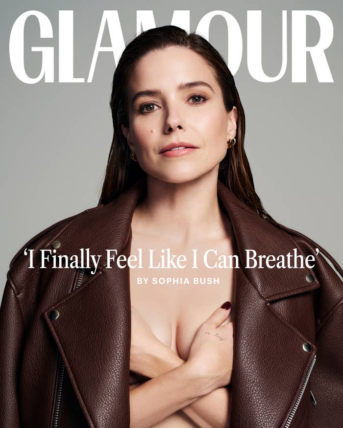 Sophia Bush in a leather jacket on Glamour magazine cover with quote &quot;I Finally Feel Like I Can Breathe&quot;