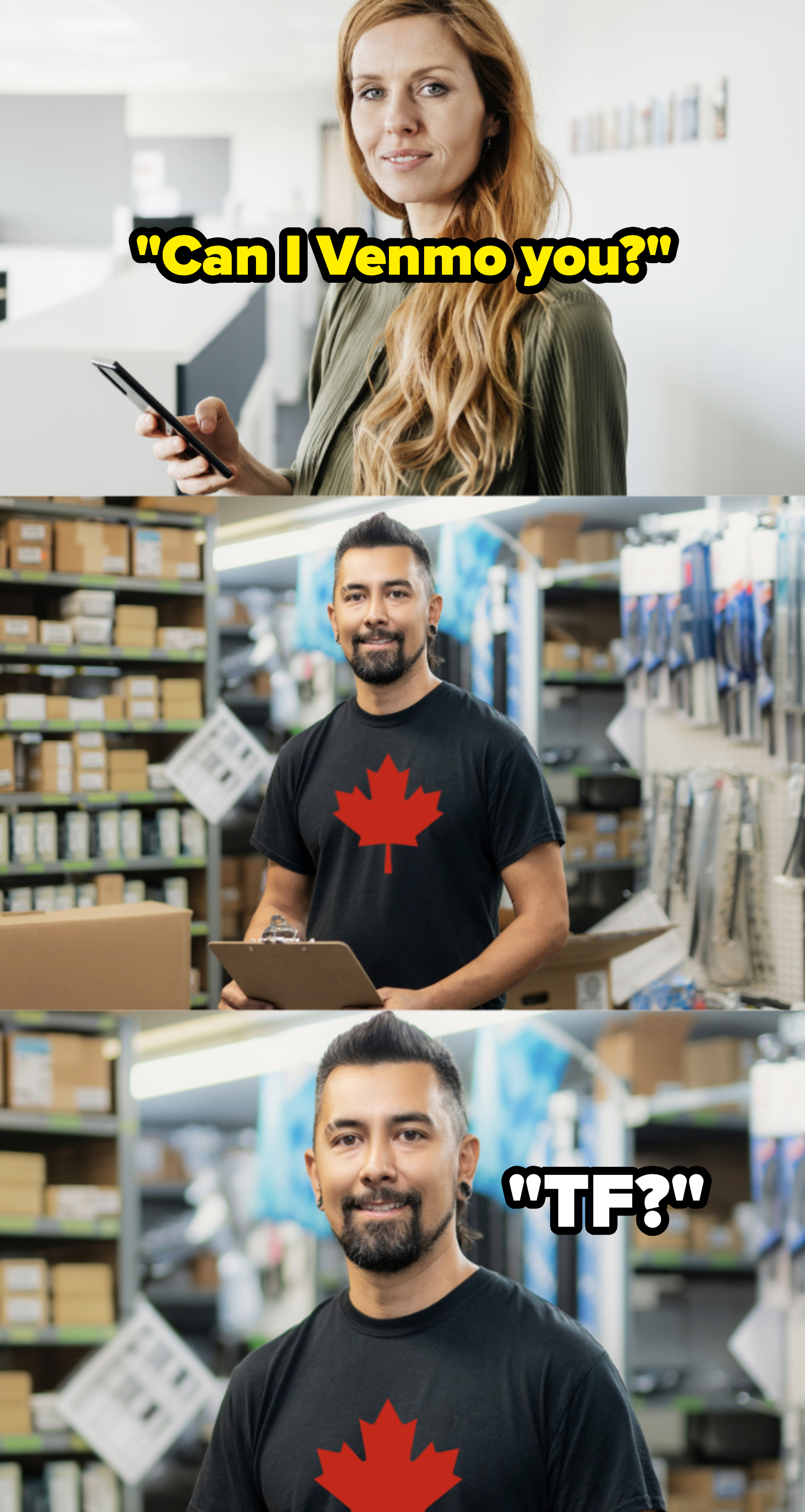 Three separate images stacked vertically of people in a retail setting, including a woman with a tablet and two of the same man with a cardboard box