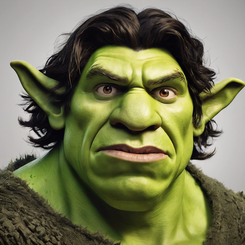 Shrek with a realistic human-like face against a plain background