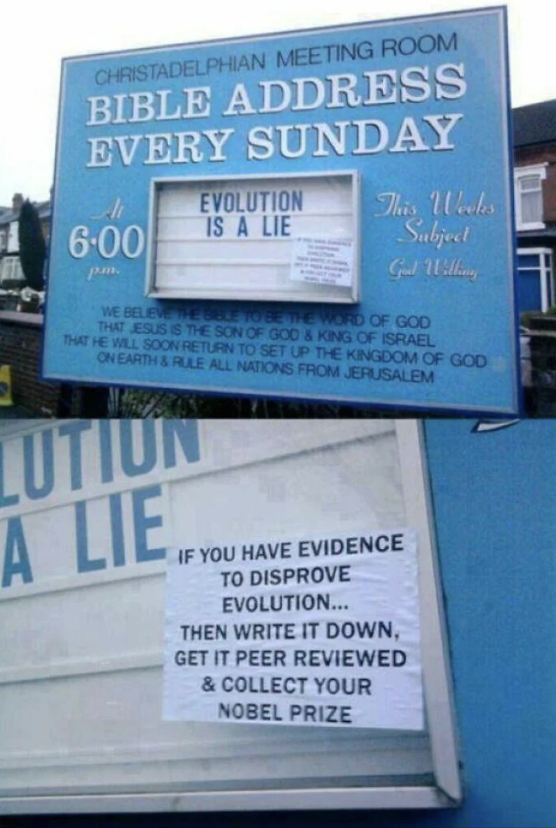 Sign at Christadelphian Meeting Room stating &quot;Evolution is a Lie&quot; with details on a Bible address every Sunday, offering a reward for disproving evolution