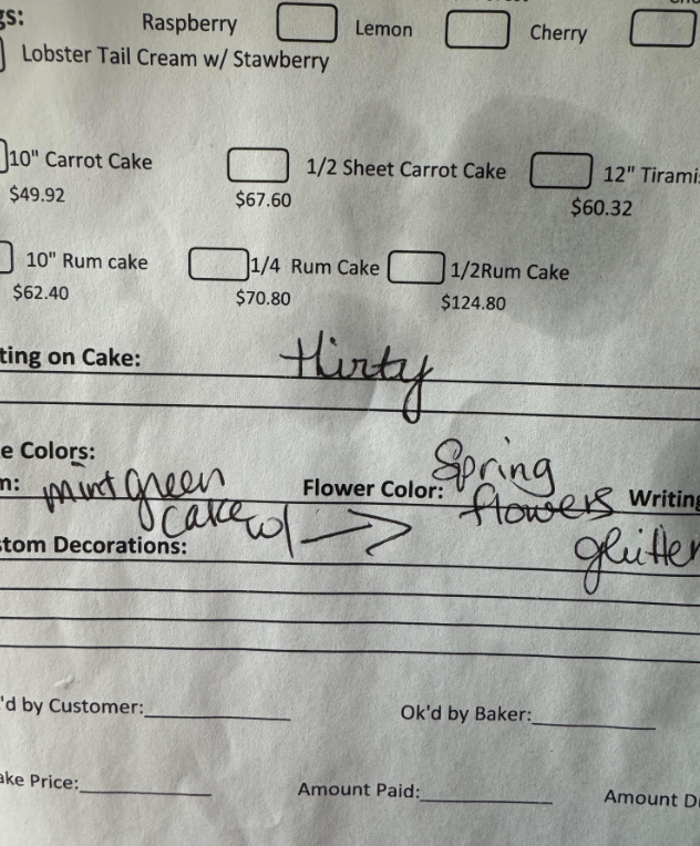 Order form with handwritten options for a cake, mentioning flavors, size, and decorations related to spring and flowers